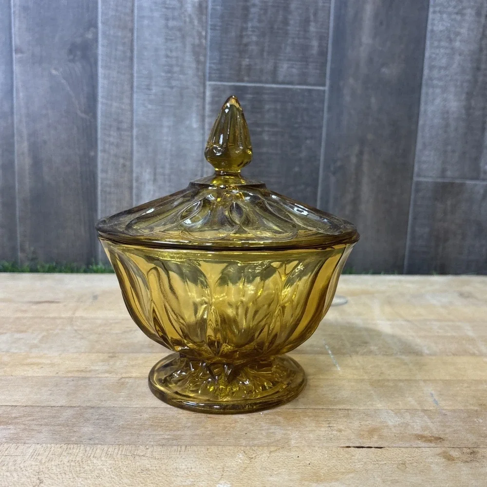 Vintage Anchor Hocking Amber Glass Fairfield Footed Candy Dish With Lid